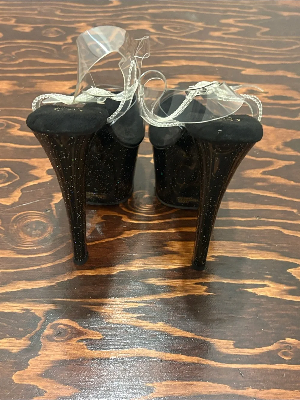 Pleasers 6.5” Clear Strap Black Glitter Platform Heels - Women